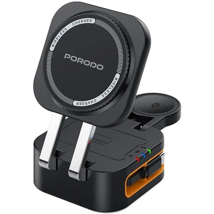 شارژر وایرلس سه کاره Porodo مدل POCKET-SIZED PD-FWCH061-BK
